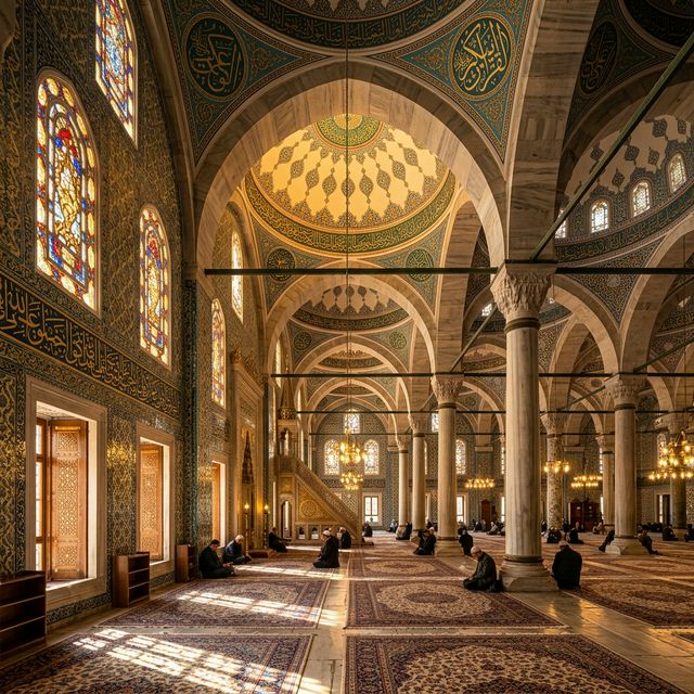 A grand mosque interior bathed in warm golden sunlight